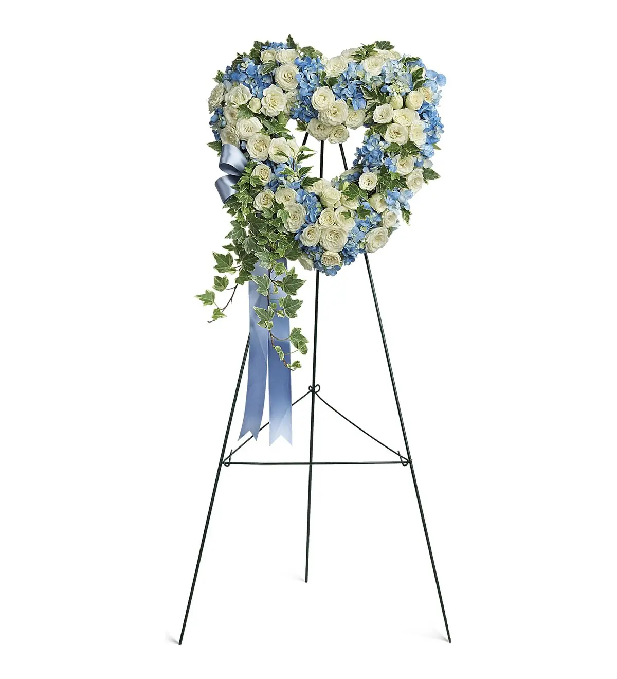 Open heart of white spray roses and blue hydrangea with ribbon on an easel