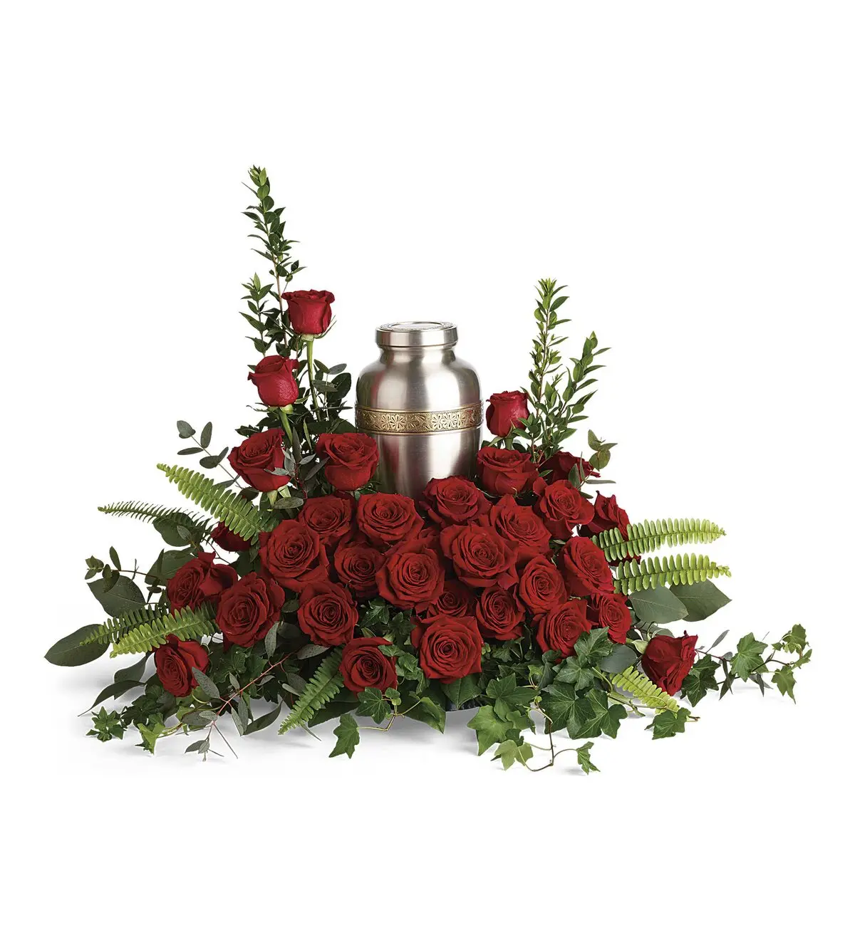 Red roses with ivy and fern encircling a brushed silver urn with a gold band