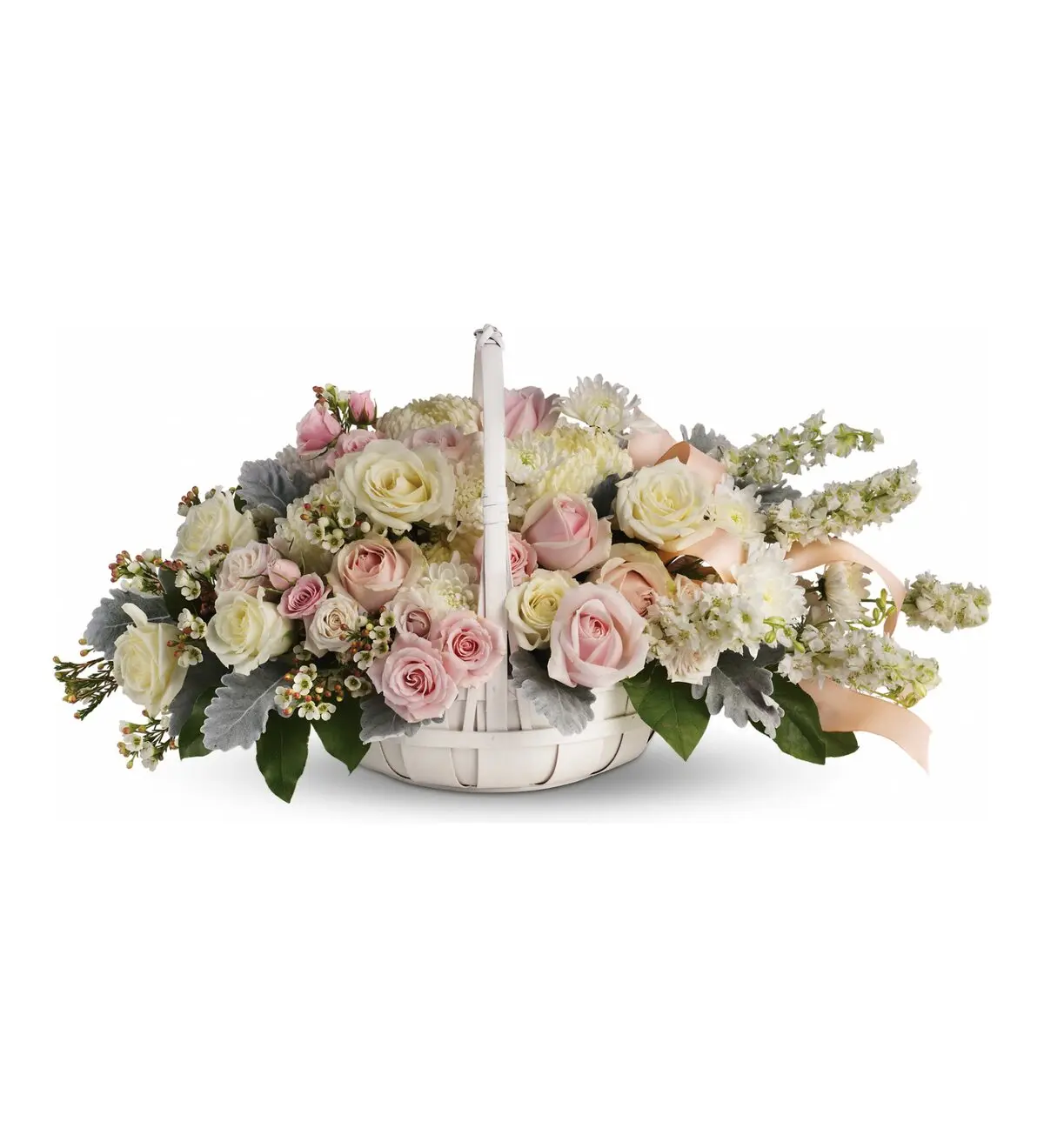Low white handled basket of pink and cream roses with a peach ribbon