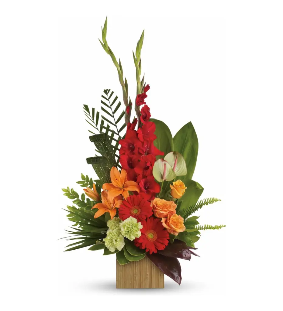 Tall red and orange tropical arrangement with gladiolus and anthurium in a bamboo cube