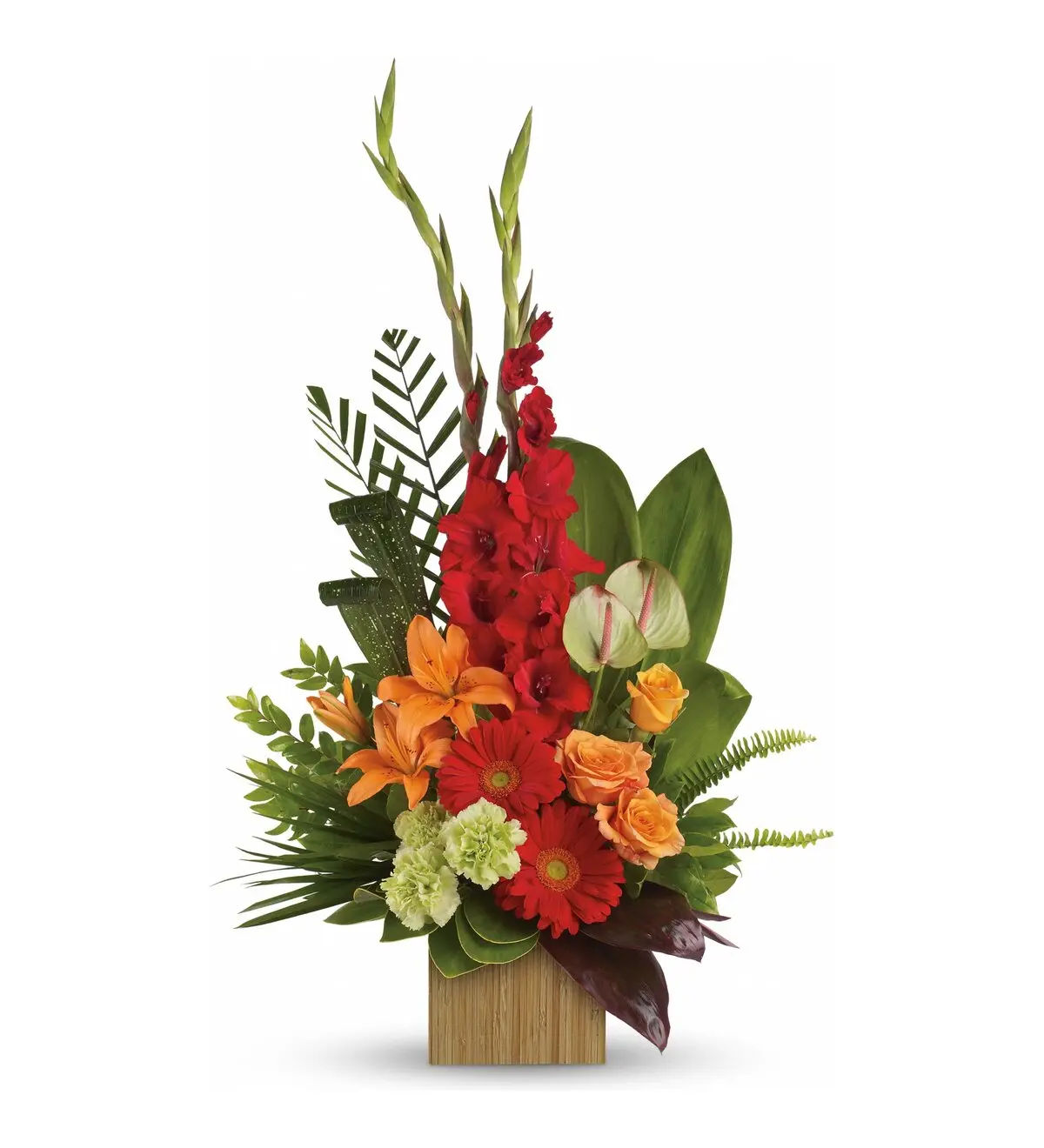 Tall red and orange tropical arrangement with gladiolus and anthurium in a bamboo cube