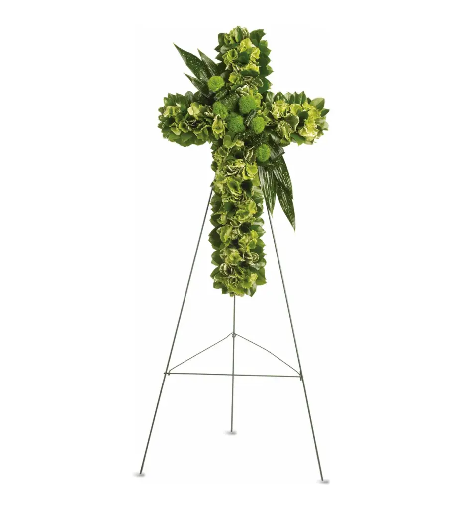 All-green hydrangea cross with green dianthus on a wire easel