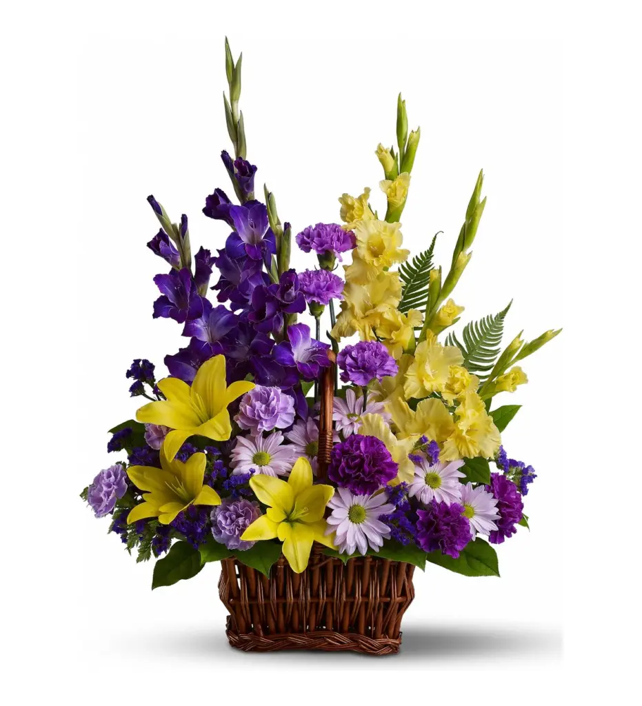 Handled twig basket of purple and yellow gladiolus, lilies and carnations