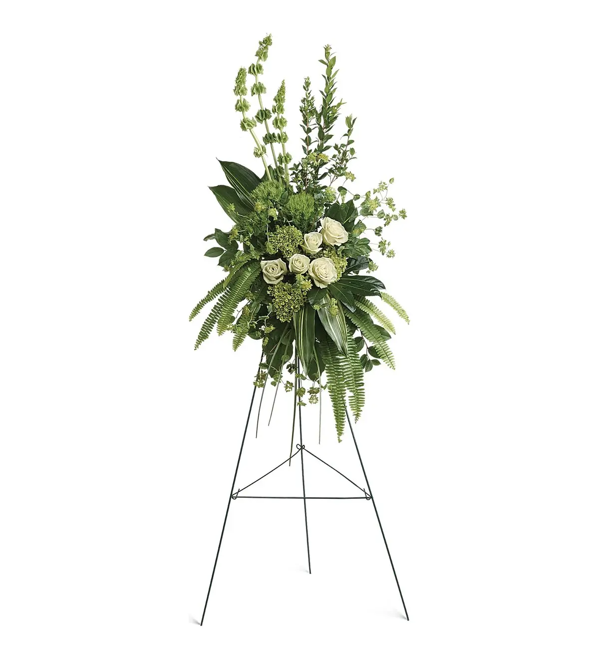 Green and white standing spray with white roses and bells of Ireland on an easel (alternate view)