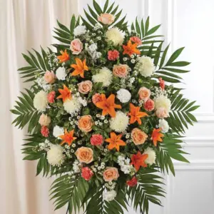 Peach, orange and white oval standing spray of lilies and roses on an easel