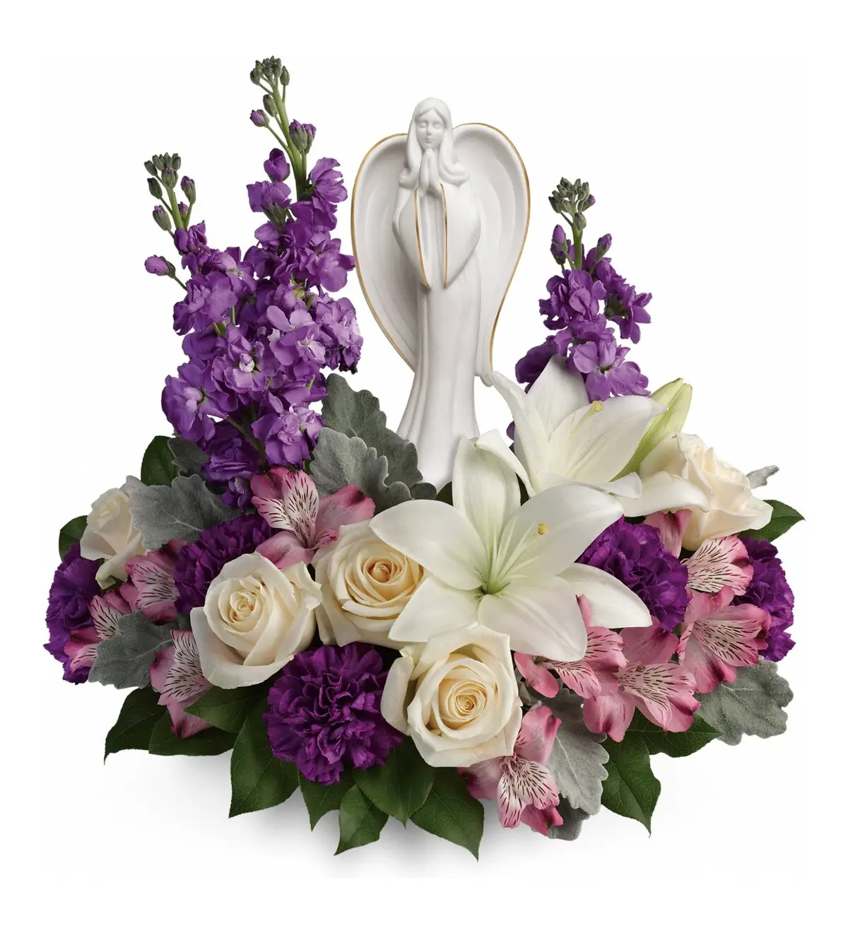 Purple stock, cream roses and white lilies around a white porcelain angel figurine