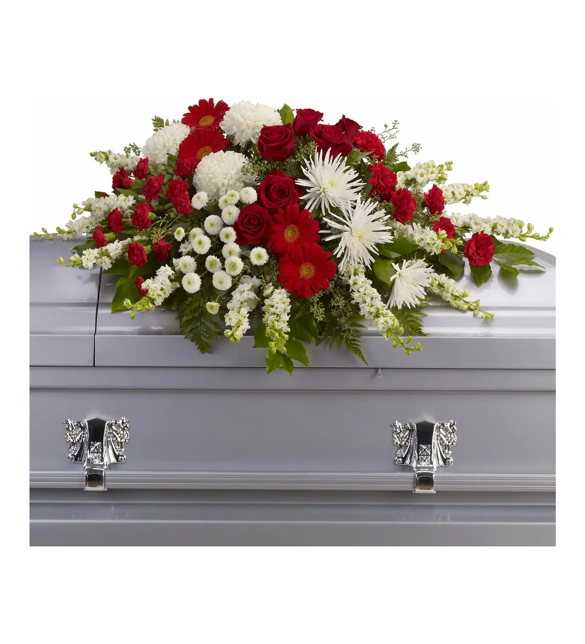 Red and white casket spray of roses, gerberas, carnations and white mums on a silver casket