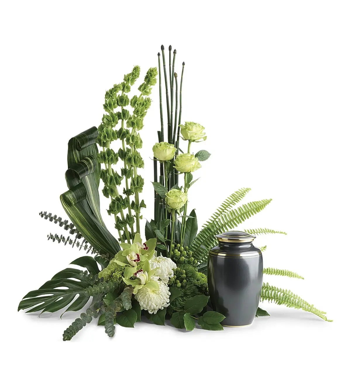 Modern green roses, orchids and bells of Ireland beside a charcoal gray urn
