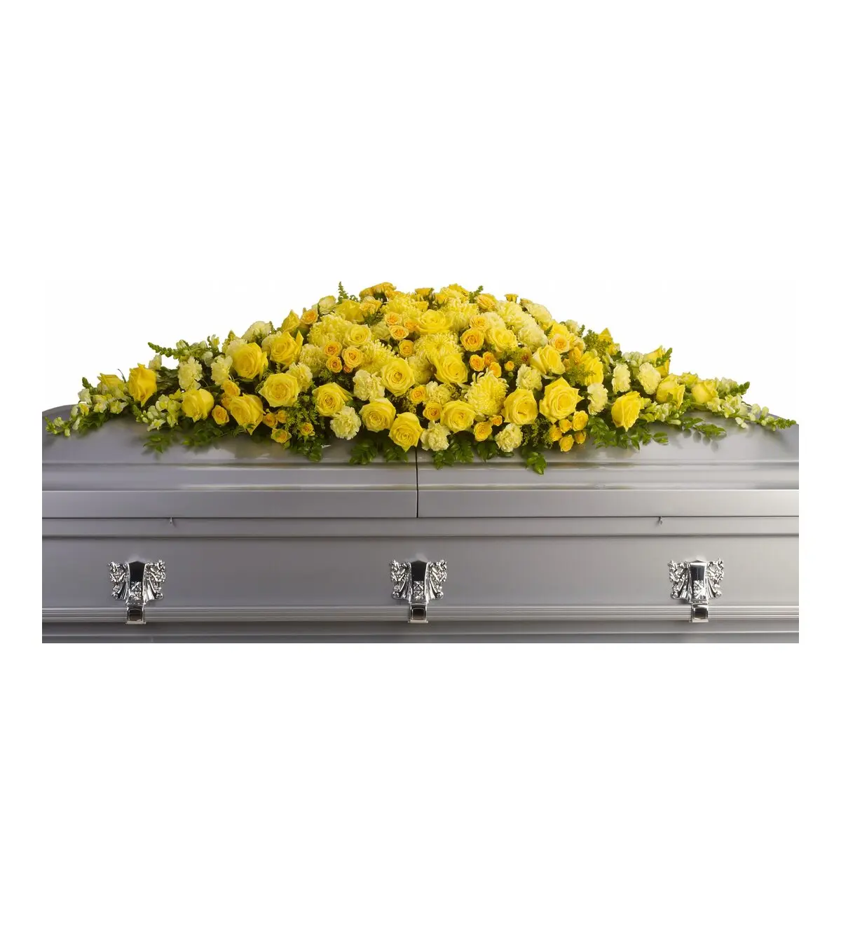 Yellow casket spray of roses, mums and carnations resting on a silver casket