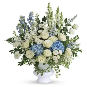 White roses, blue hydrangea and delphinium in a white footed urn container