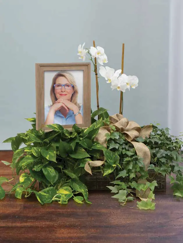 Planter of pothos and ivy with a white orchid and a framed photo