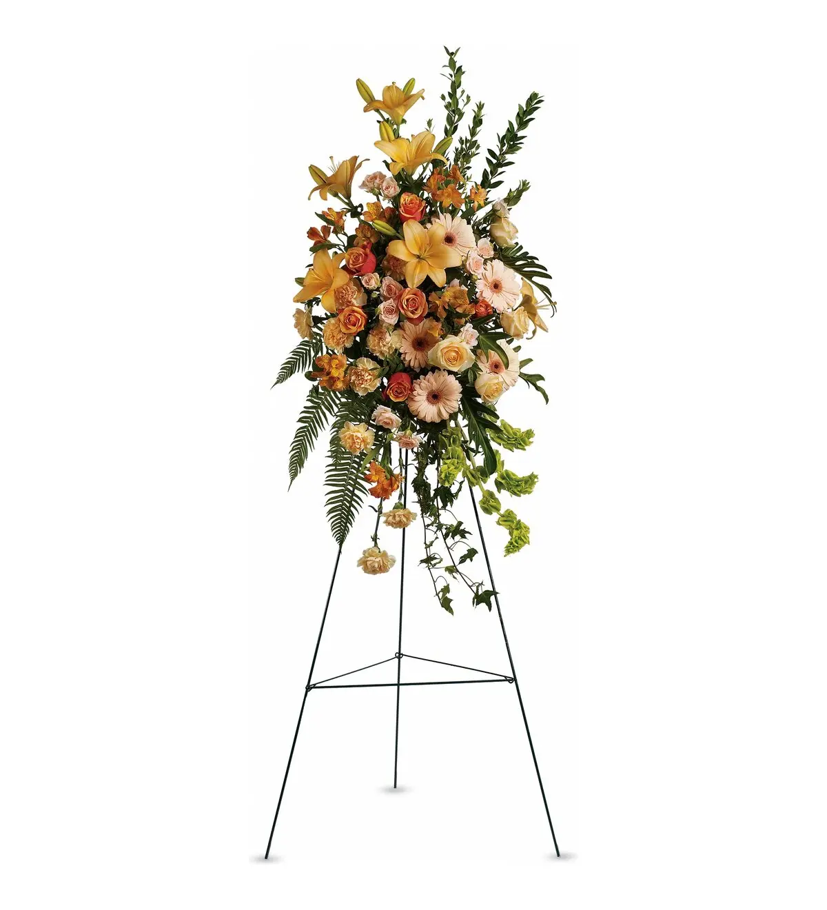 Peach and orange standing spray of lilies, roses and gerberas on wire easel