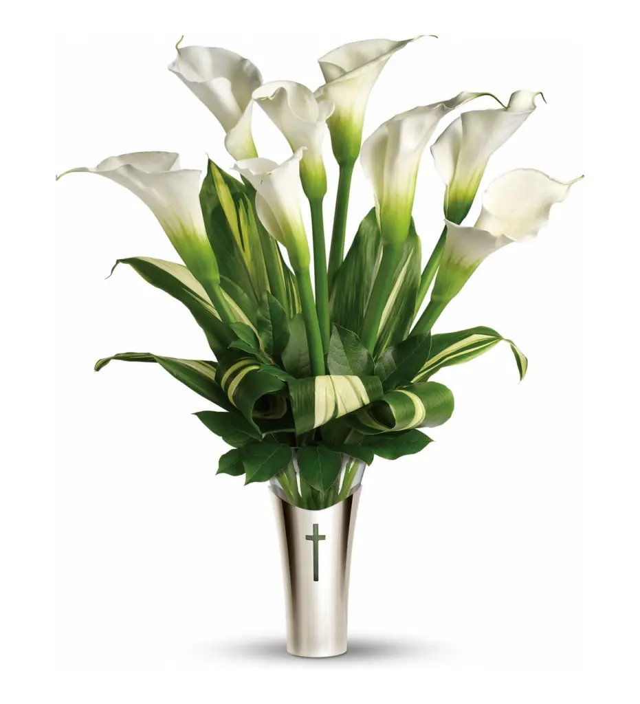 White calla lilies in a silver keepsake vase with a cross emblem
