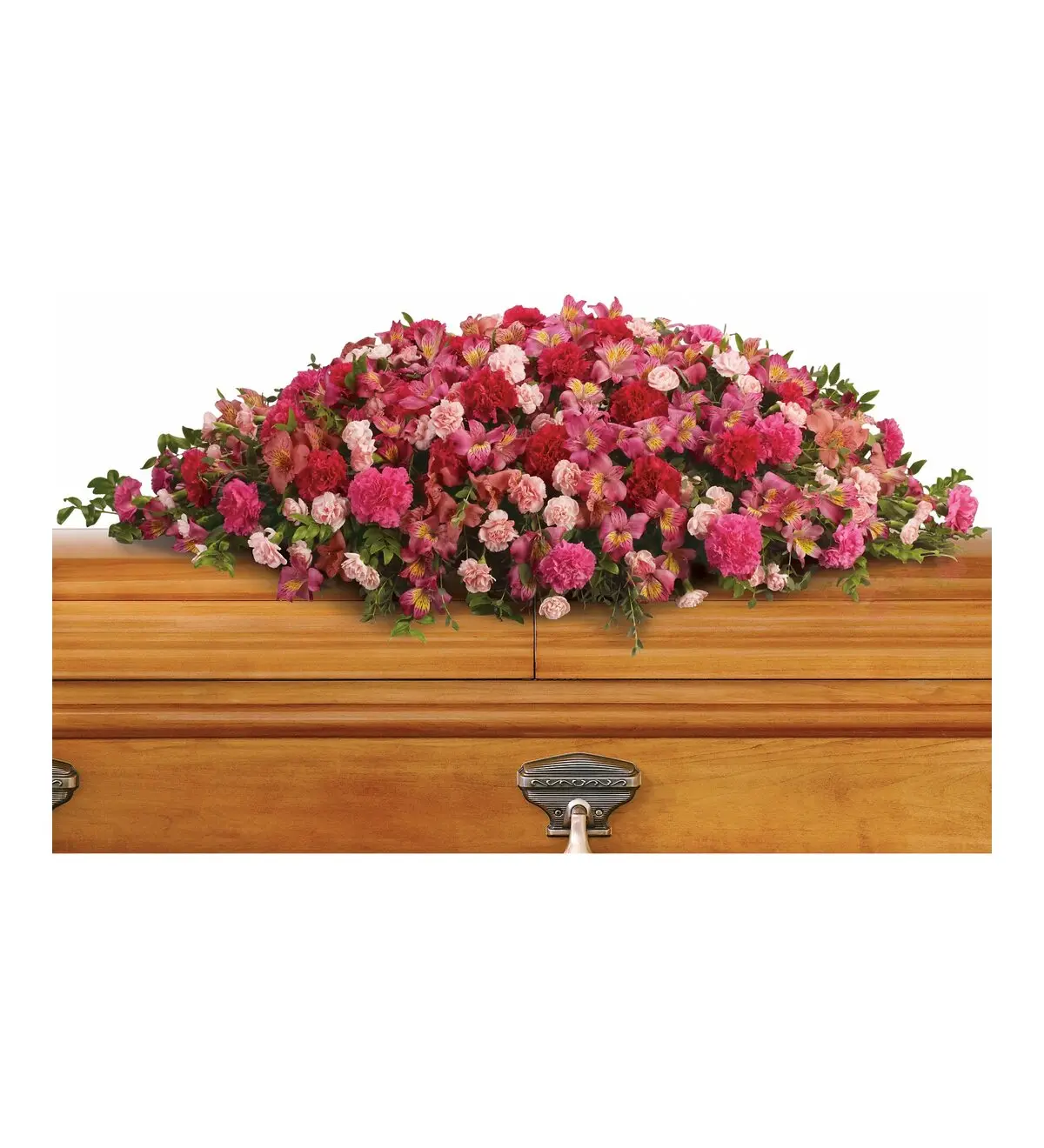 Full casket spray of pink and red carnations and alstroemeria on a wood casket