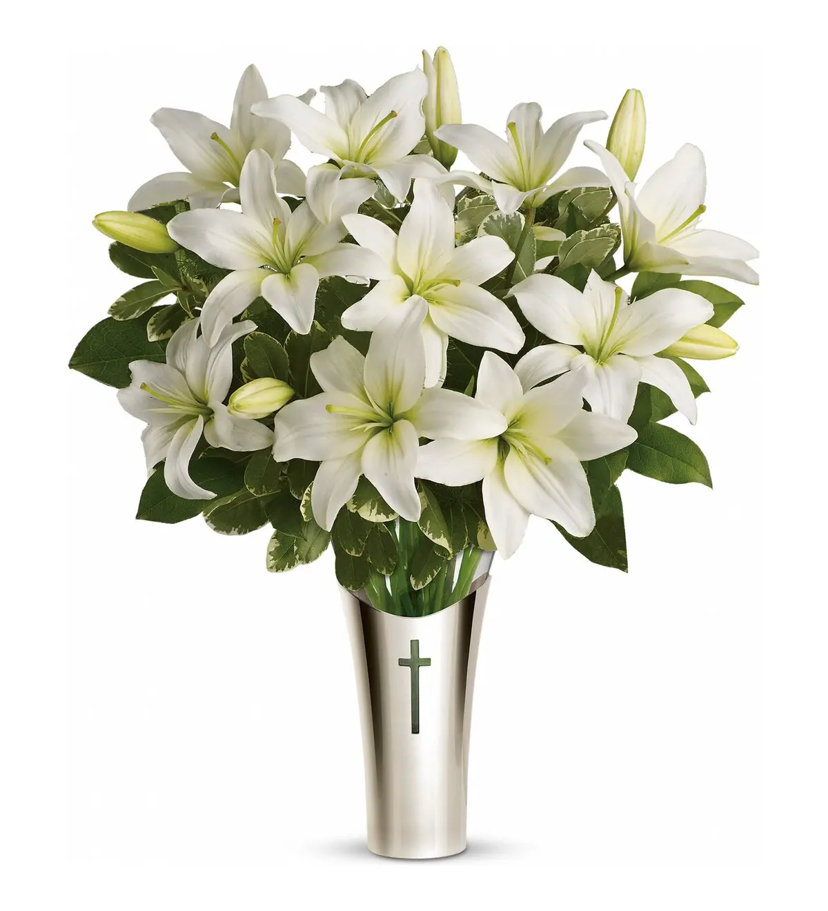 White lilies in a silver keepsake vase with a cross emblem