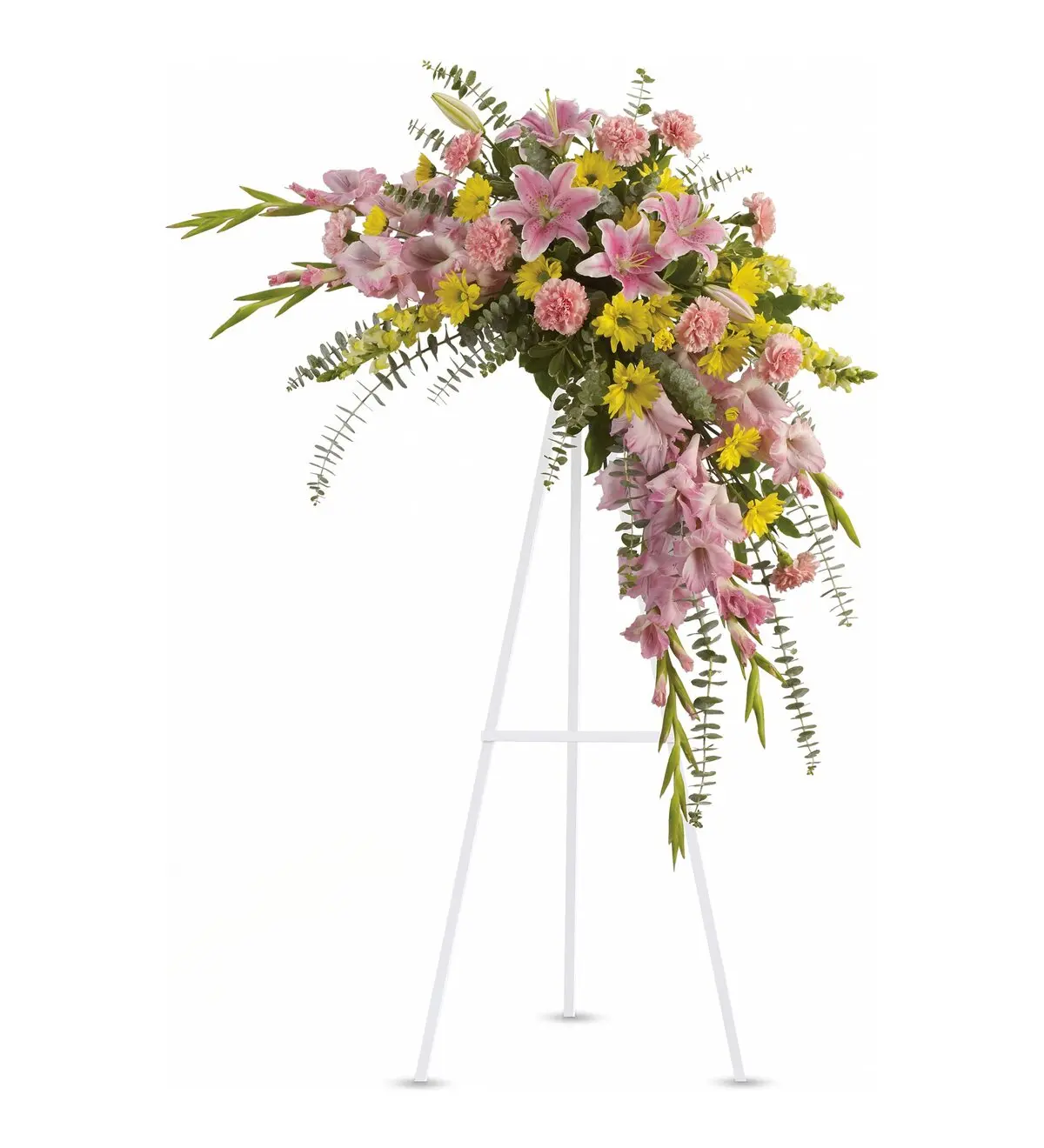 Crescent standing spray of pink lilies, gladiolus and yellow daisies on white easel
