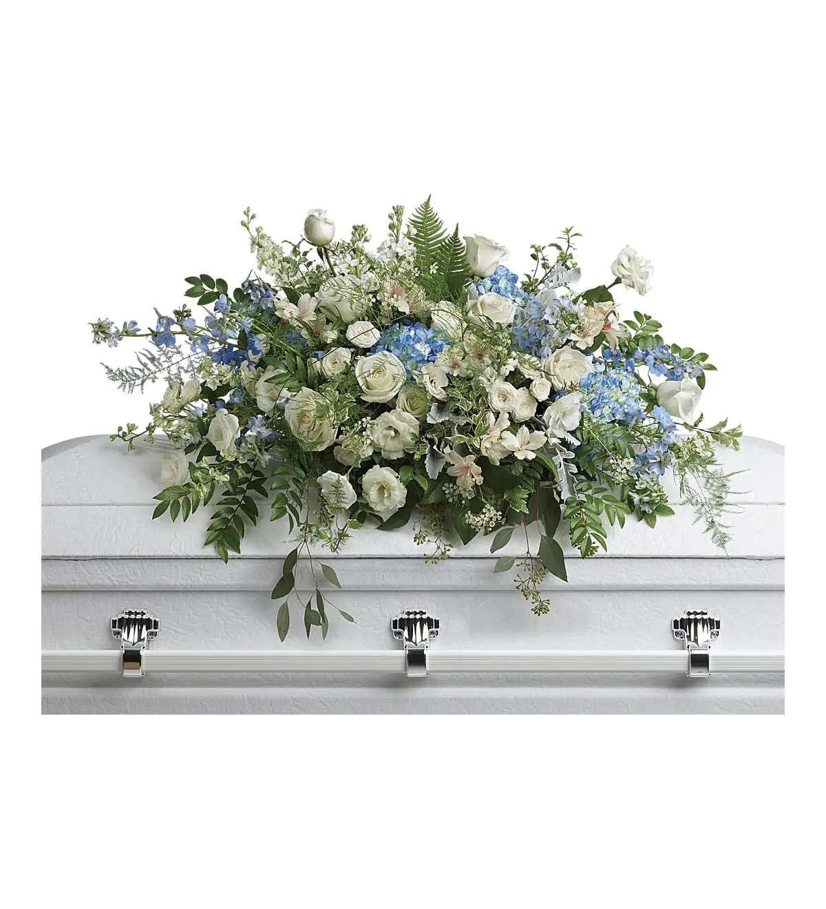 Blue and white casket spray of roses and hydrangea on a white casket