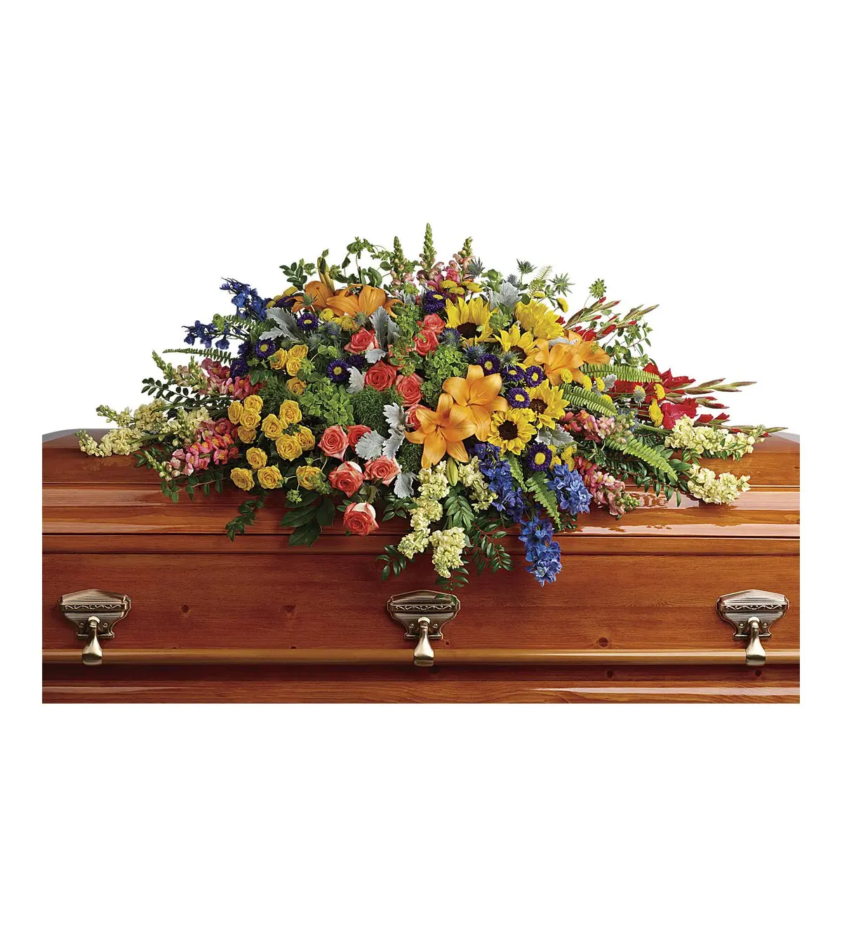 Multicolor sunflower and lily casket spray on a polished wooden casket
