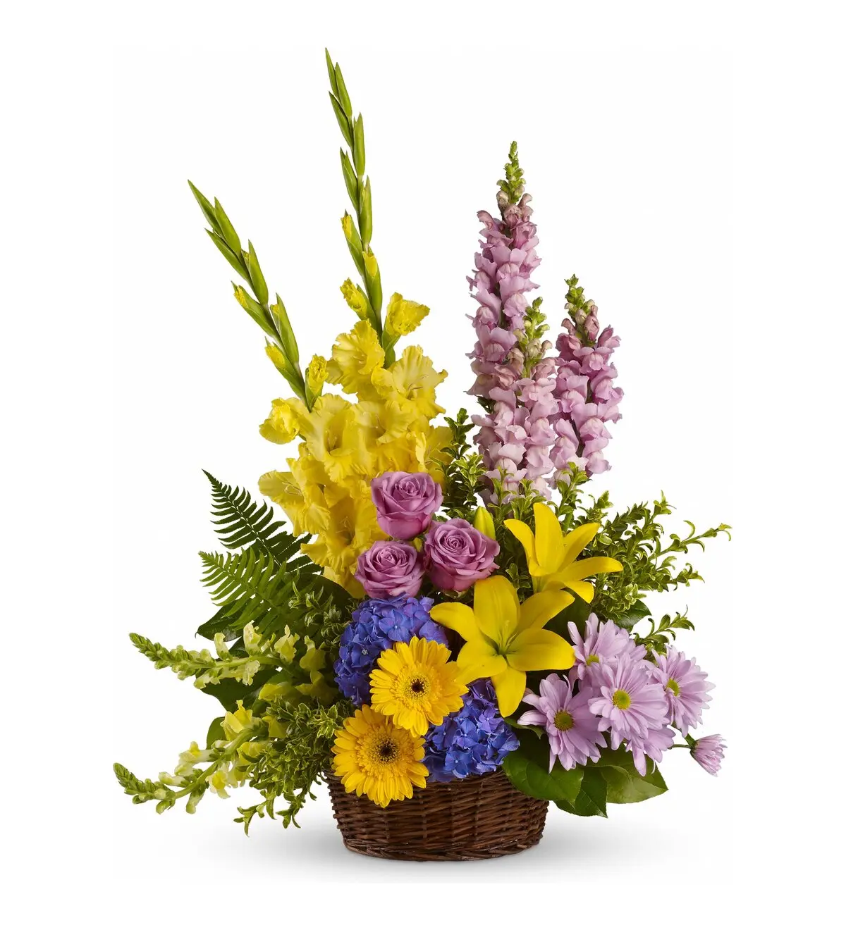 Wicker basket of yellow gladiolus, lavender roses, blue hydrangea and pink snapdragons