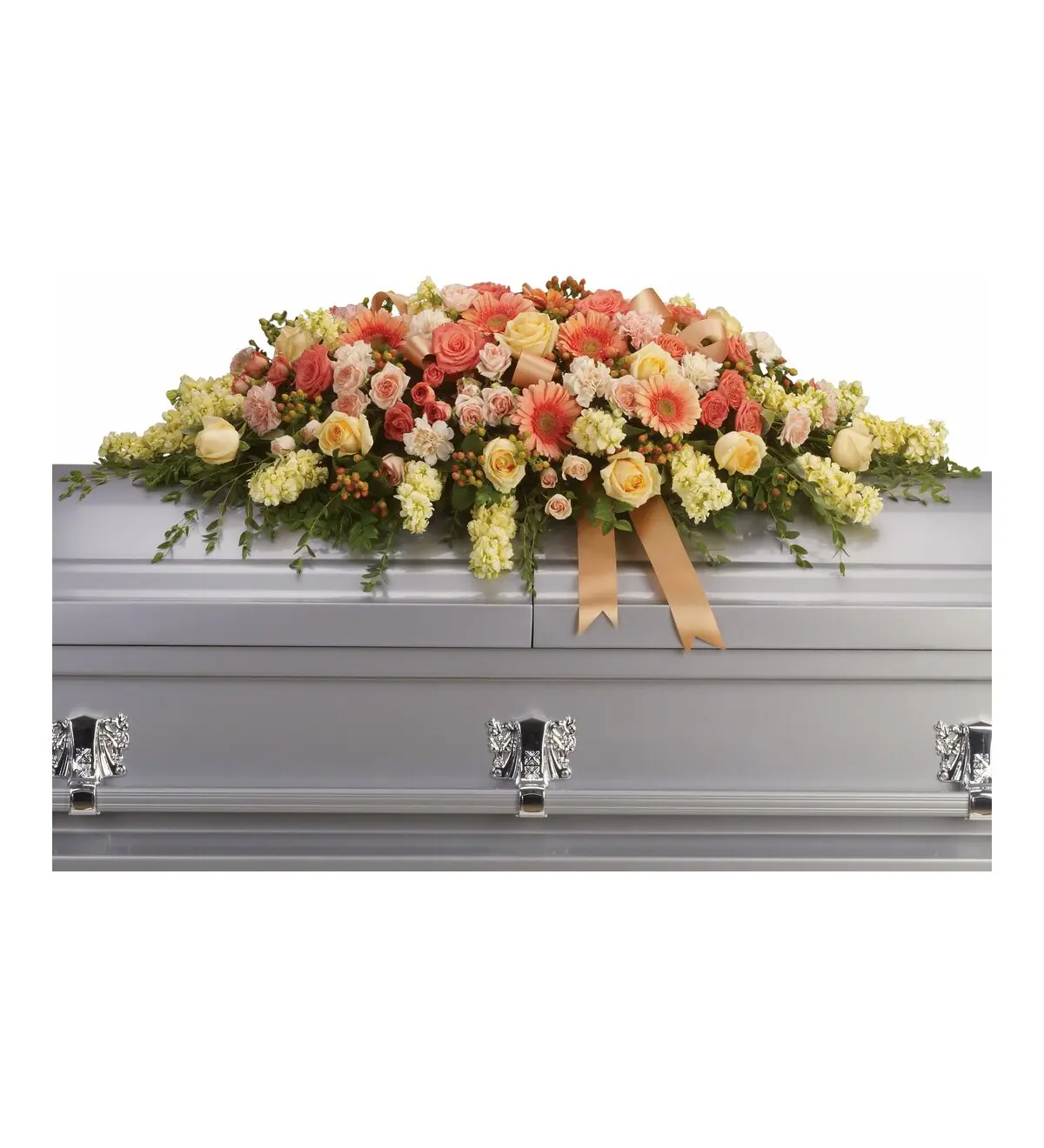 Peach and coral casket spray with roses, gerberas and ribbon on silver casket