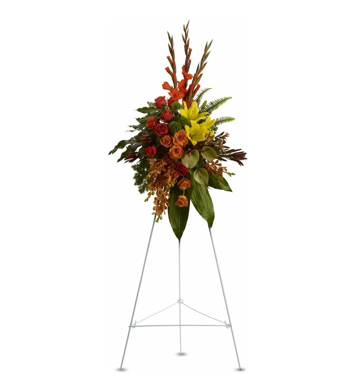 Orange and yellow tropical standing spray with gladiolus, roses and lilies on white easel