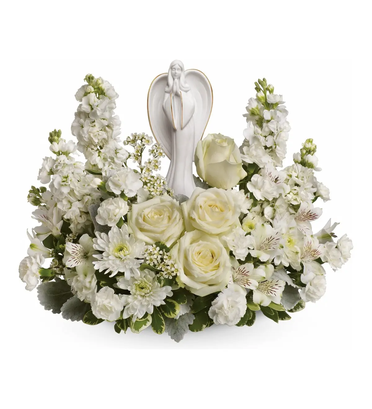 White roses and stock surrounding a white porcelain praying angel figurine